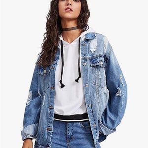 Floerns Women's Ripped Distressed Casual Long Sleeve Denim Jacket XL